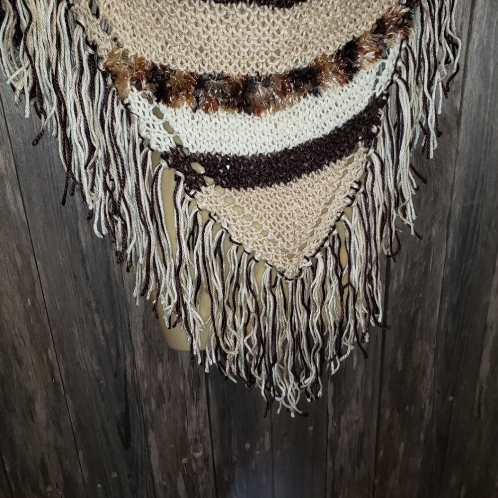 Beige Brown Hand Knitted Shawl Scarf Wrap Boho New - Picture 4 of 9